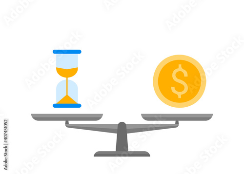 Bowls of scales in balance time and money. Money and time sign in comparison, choise. Weights with clock and money coin. Libra measure value. Vector illustration