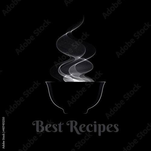 Soup dark logo. Bowl of hot soup with steam on  black background