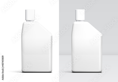 Plastic bottle mockup for cleaner, shampoo, disinfectant or another householding hygiene item. Template with white container and separate shadows and light groups for editing.