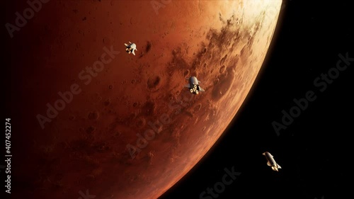 Starship rockets reach planet Mars. Big space ships flying in space.