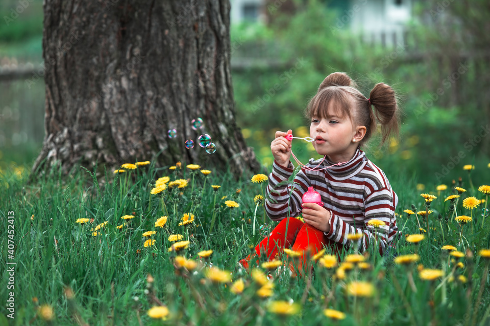 Little girl blowing soap bubbles in the green summer park. Little girl blowing soap bubbles in the green summer park.