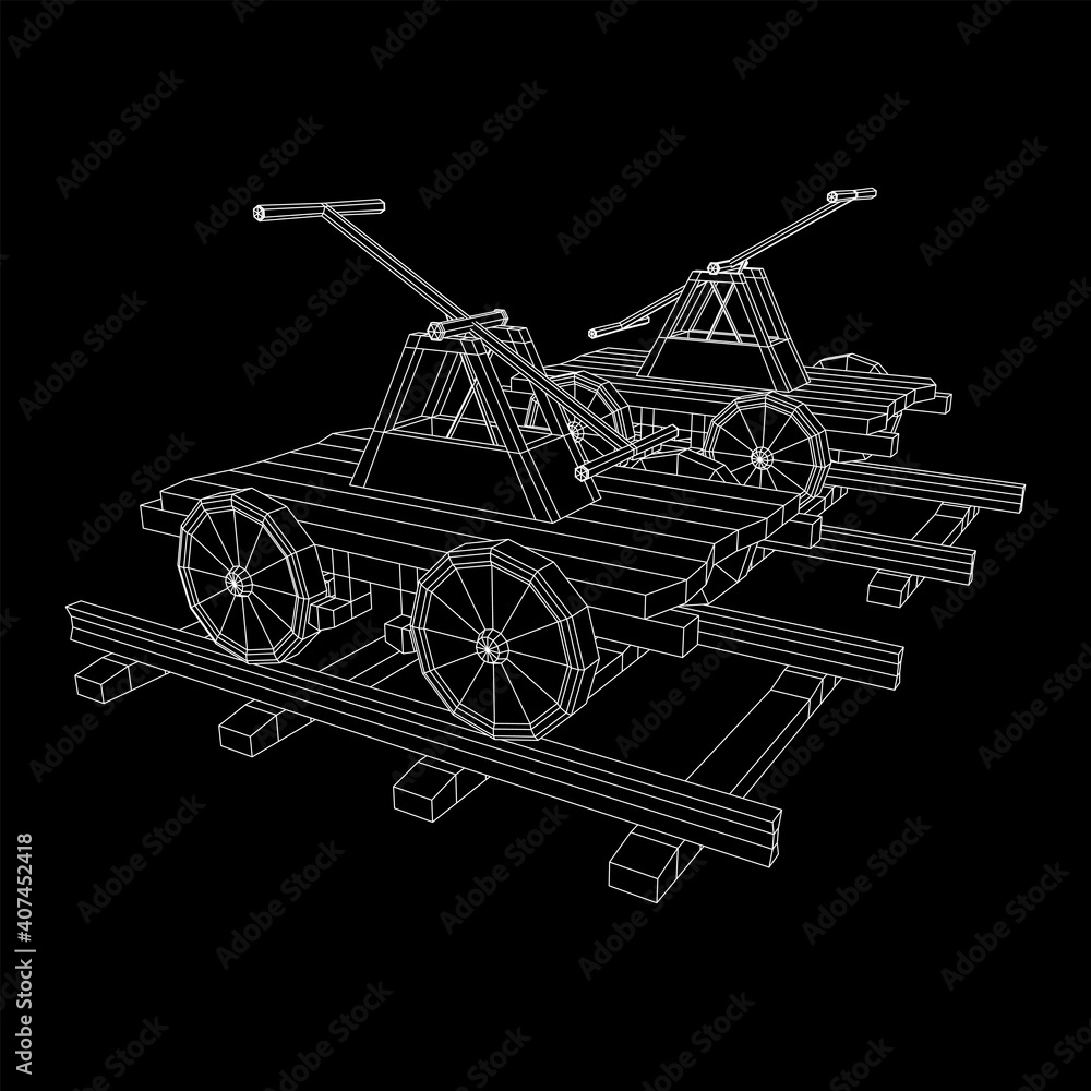 Handcar transportation. Draisine or rail vehicle. Wireframe low poly mesh vector illustration.