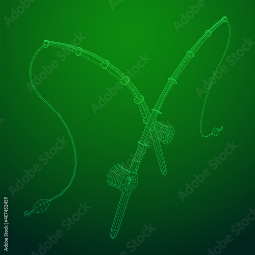 Fishing rod with line sinker and hook. Wireframe low poly mesh vector illustration.