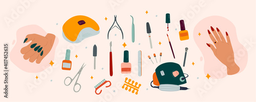 A trendy set of illustrations of female hands and various manicure accessories, equipment, flat style tools for social networks, stickers, etc.