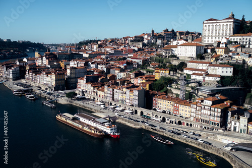Top view of Ribeira and Douro river from the Don Luis I Bridge in Porto  Portugal.