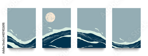 
Luxurious set of abstract illustrations with the sea and the moon in blue tones for wall decoration, covers and prints.