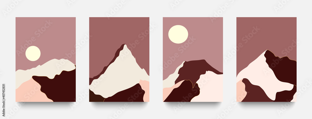 Trendy set of abstract luxury illustrations with mountains and moon in muted shades for wall designs, covers and prints. Trendy set of abstract luxury illustrations with mountains and moon in muted shades for wall designs, covers and prints.