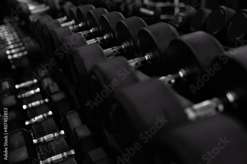 Dumbbells in row on equipment stand in modern gym