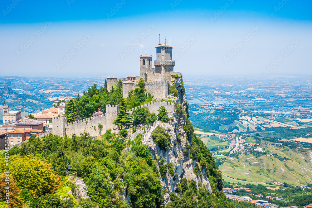 San Marino, Guaita, first of three peaks which overlooks the city. The Guaita fortress is the oldest of the three towers constructed on Monte Titano and the most famous. One of Three Towers