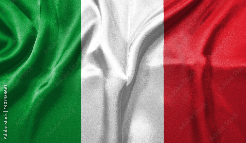 Italy flag wave close up. Full page Italy flying flag. Highly detailed realistic 3D rendering