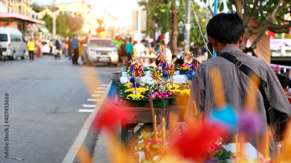 Naklejka premium Close-up photo of a krathong made at a Loi Krathong festival in Thailand.