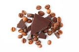 coffee beans and chocolate on white background isolated close up