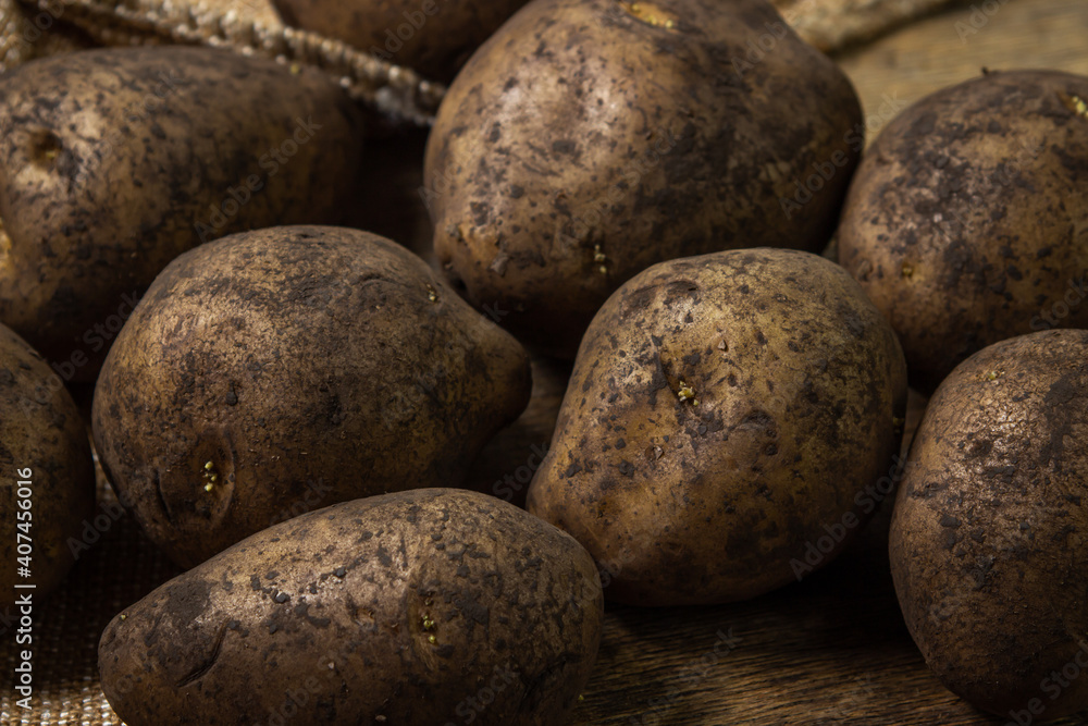 Burlap potatoes. Potatoes with soil. Home farming concept. Fresh potatoes Burlap potatoes. Potatoes with soil. Home farming concept. Fresh potatoes