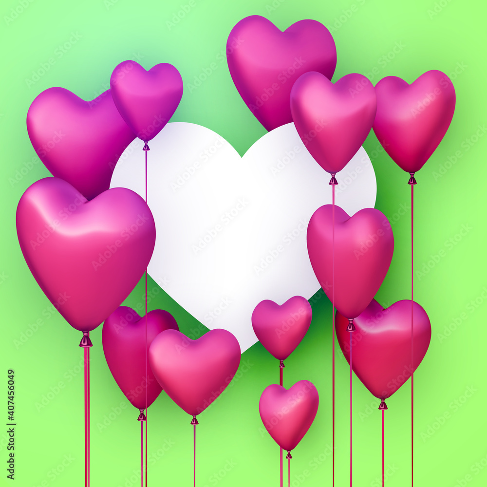 Green background with paper realistic 3d pink heart balloons.
