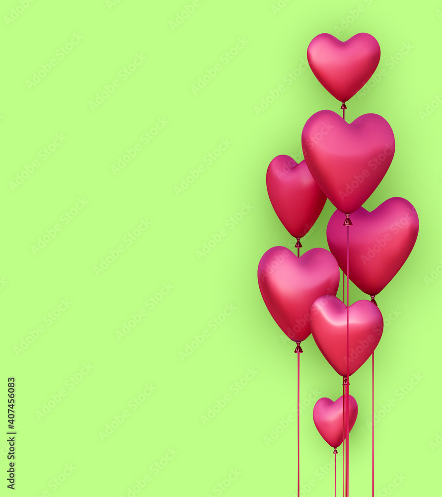 Green background with realistic 3d pink heart balloons.