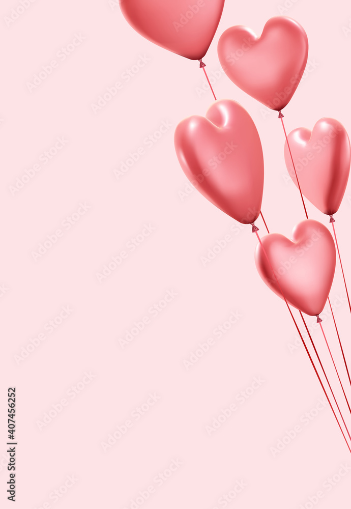 Pink background with realistic 3d heart balloons.