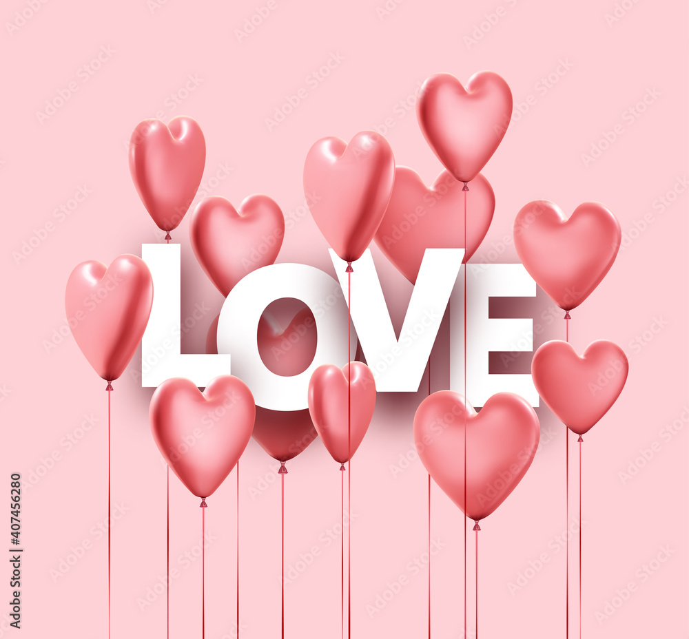 Pink love background with realistic 3d heart balloons.