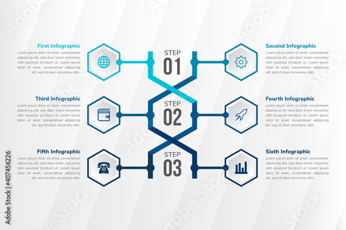 DNA abstract medical infographics template with six icon use hexagon as frame and three step of program.  variation blue colors palette.