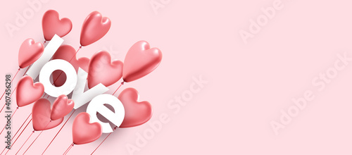 Pink love background with realistic 3d heart balloons.