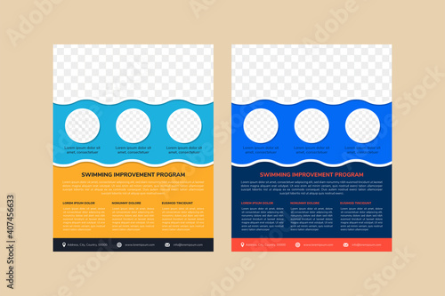 Set of the best swimming program flyer template design. vertical layout with space for photo collage in circle and rectangle shape. 