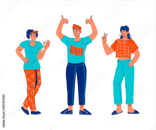 Group of people standing showing OK, Victory and thumb up sign with fingers, cartoon vector illustration isolated on white background. Young men and women show gestures of approval and satisfaction.