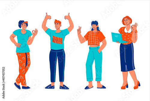 Group of young positive people showing OK, Victory and thumb up gestures, cartoon vector illustration isolated on white background. Young people with hands sign of approval and happy expression.