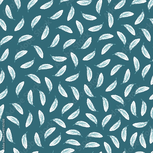 Soft White Feathers in Dark Tosca Vector Graphic Seamless Pattern