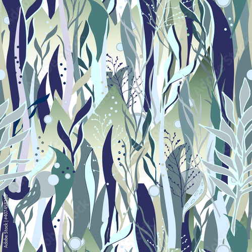Seamless pattern from green leaves, thickets of tropical plants, jungle, forest.