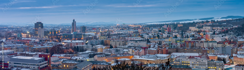 Panoramic view of  Brno in Czech Republic. There is a hospital with heliport in the foreground. Left in the middle there are two towers of Spielberk office centre and AZ tower and M-Palace. 