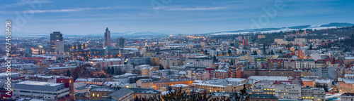 Panoramic view of  Brno in Czech Republic. There is a hospital with heliport in the foreground. Left in the middle there are two towers of Spielberk office centre and AZ tower and M-Palace.  © patrikslezak