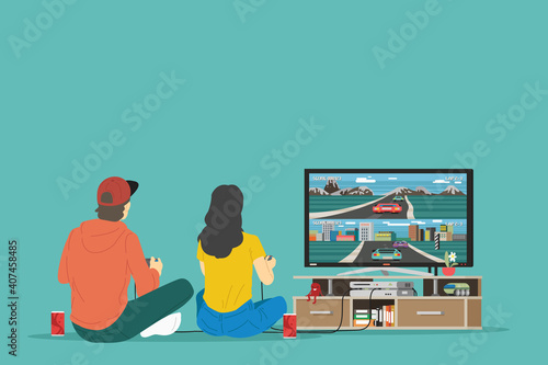 Boy and girl playing TV game. Vector illustration.