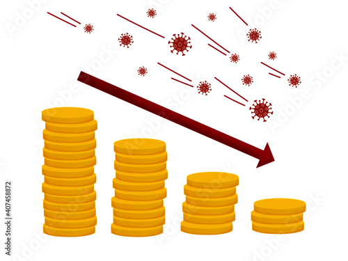 Business finance crisis in coronavirus pandemic, global economy fall down with red arrow decrease symbol, people and families lose money
