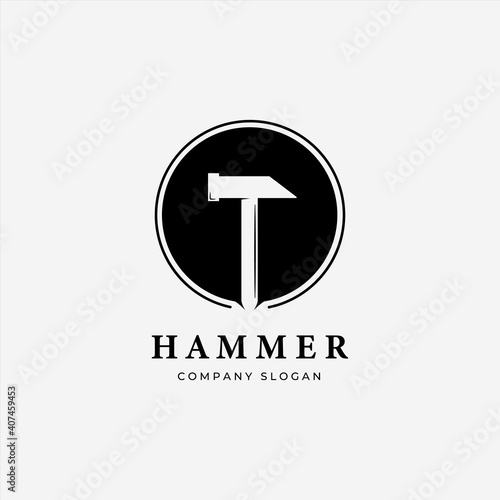 Hammer Logo Vector Design Illustration Vintage, Carpenter House, Concept of Workplace with Carpentry, Sign of Blow