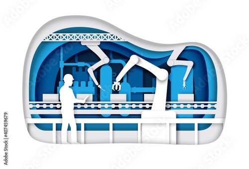 Automatic production conveyor belt with industrial robotic arms, line operator silhouettes. Vector illustration in paper art style. Factory automation, robotic industry, automation in manufacturing.