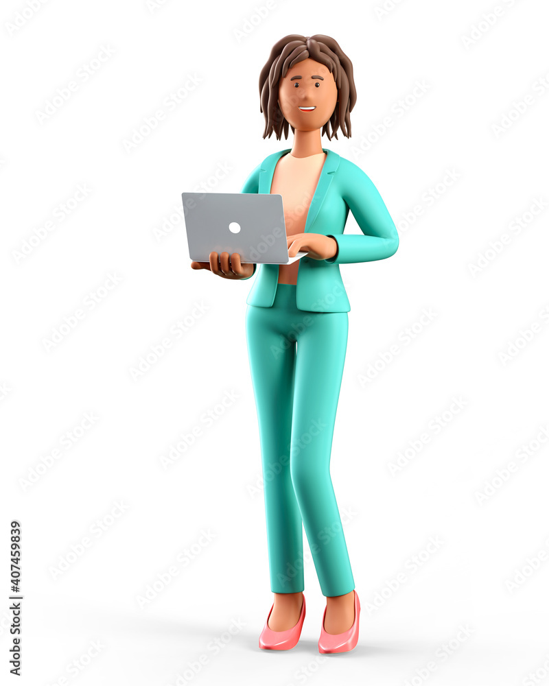 Naklejka premium 3D illustration of smiling african american woman using laptop. Cute cartoon standing elegant businesswoman in green suit with computer, isolated on white.