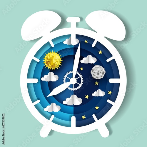 Paper cut craft style clock with day and night sky on dial, vector illustration. Sleep wake cycle. Circadian rhythm, internal body clock.