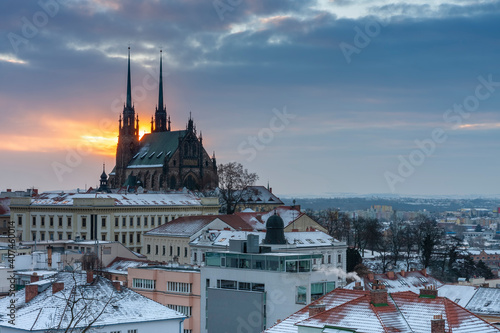 Aerial view of the The Cathedral of Saints Peter and Paul in Brno in Czech Republic. Winter sunrise time . View from Spilberk Castle 