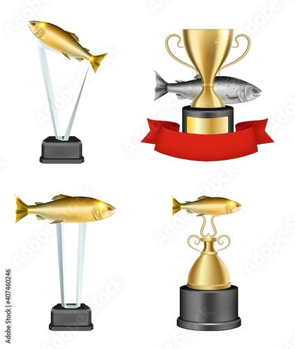 Acrylic glass and metal fishing trophy mockup set, vector isolated illustration. Realistic fishing championship winner award, plaque, prize on pedestal.