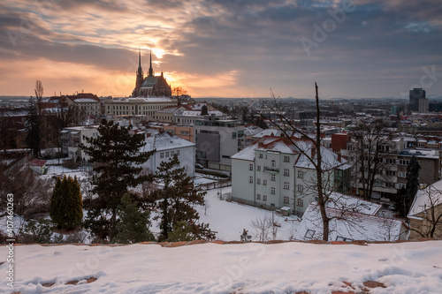 Panoramic  view of the The Cathedral of Saints Peter and Paul in Brno in Czech Republic. Long exposure, used neutral density filter at winter sunrise time. View from Spilberk Castle