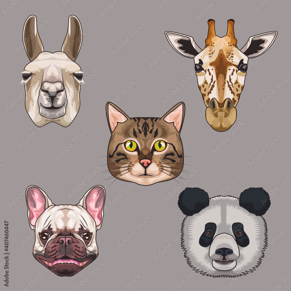 Fototapeta premium bundle of five animals domestics and wild set icons