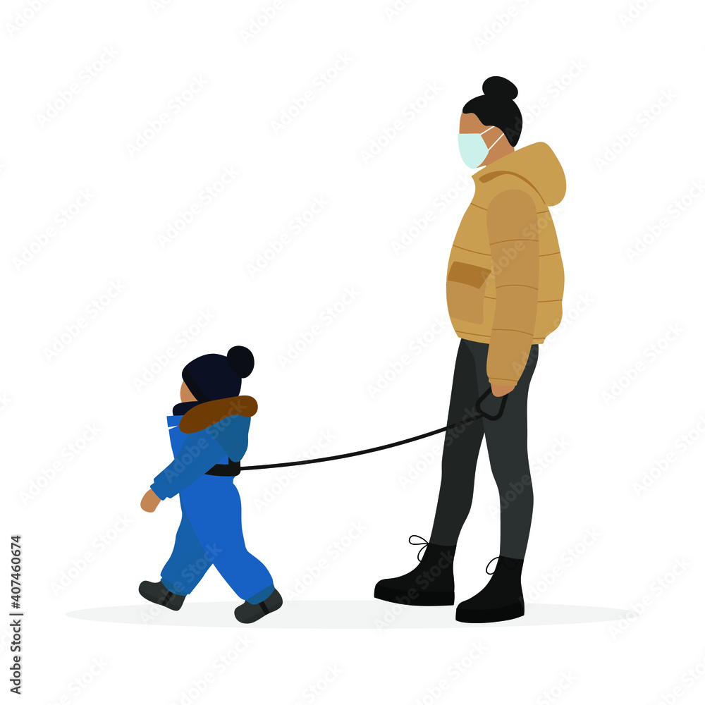 Female character in a medical mask is leading a small child on a special baby leash on a white background Female character in a medical mask is leading a small child on a special baby leash on a white background