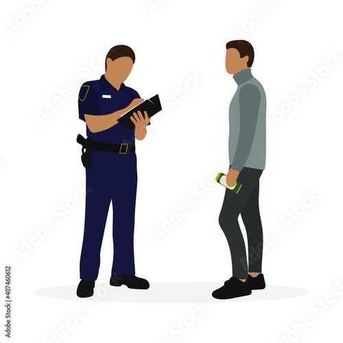 Policeman in uniform writing on paper and male character with a can of beer in his hand stand on a white background