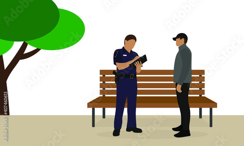 Police officer in uniform writing on paper and male character stand outdoors near a bench