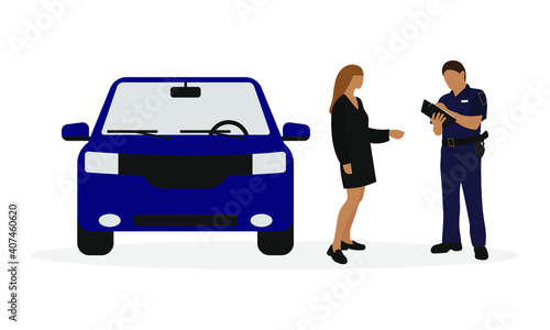 Policeman in uniform writes a fine to a female character near a car on a white background