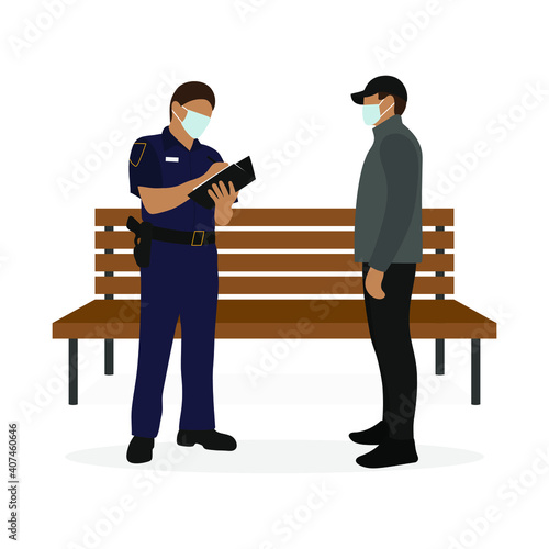 Policeman in uniform writing on paper and male character wearing medical masks stand near a bench on a white background