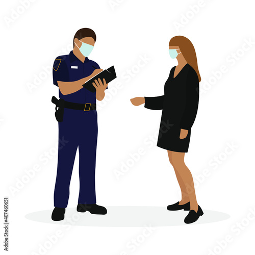 Policeman in uniform writing on paper and female character in medical masks standing on white background
