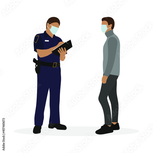 Policeman in uniform writing on paper and male character in medical masks standing on white background