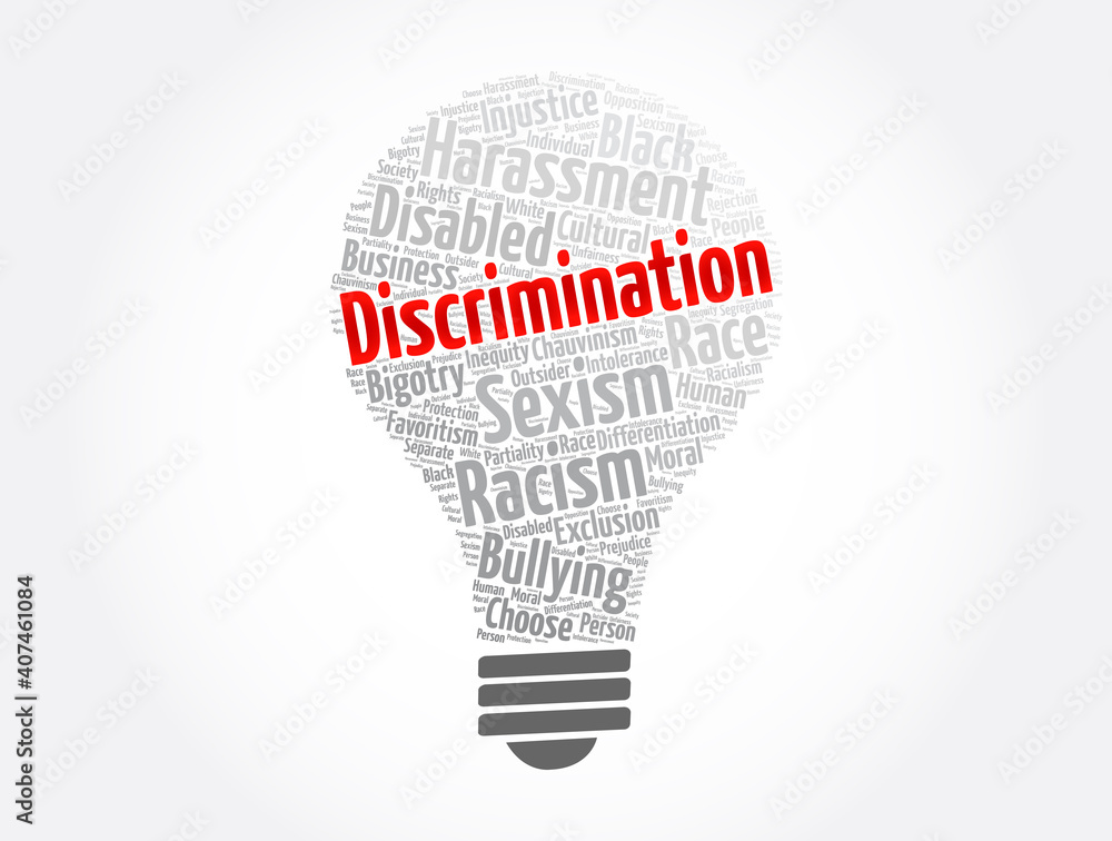 Discrimination light bulb word cloud collage, social concept background Discrimination light bulb word cloud collage, social concept background