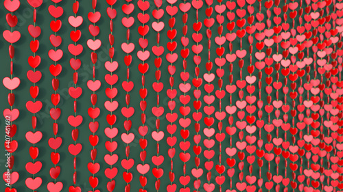 Beautiful glamour red heart wall on green background. Glitter Valentine's