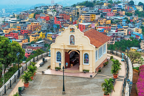 Cityscape of Santa Ana Hill Church with colorful colonial housing, Las Penas district, Guayaquil, Ecuador.